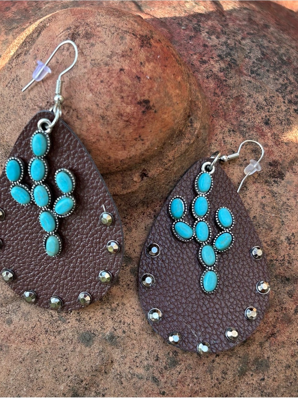 Brown Leather Teardrop Earrings with Turquoise Accents